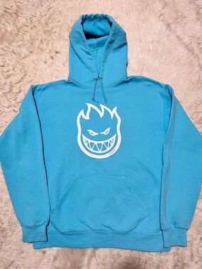 Y2K Spitfire Light Blue Hoodie with Red Flame Logo rare medium